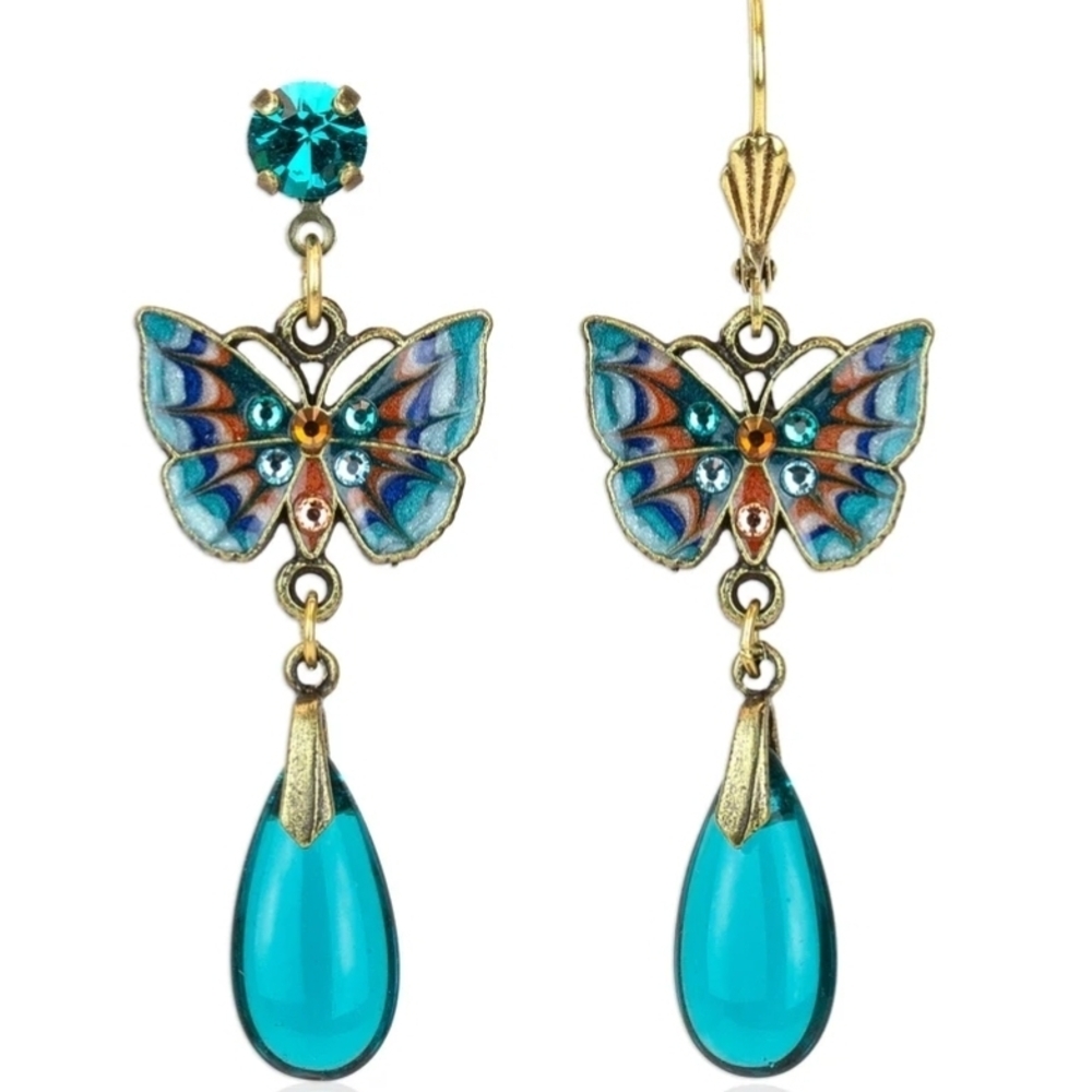 Butterfly Drop Earrings in Blue and Gold